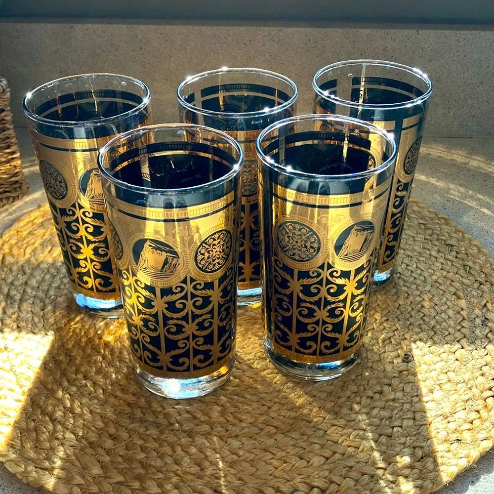 (5) Vintage Libbey Prudential Black and Gold Glasses - 1960s